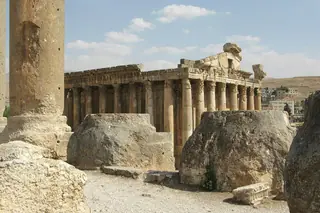 The Roman columns of the Temple of Jupiter at Baalbek, Lebanon, at golden hour